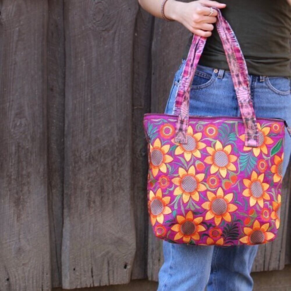 Unique Batik Embroidered Sunflower Tote in the color beet